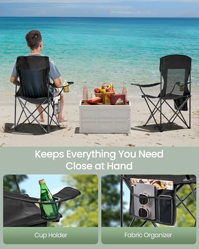 SONGMICS Breathable Camping Chairs, Foldable Outdoor Chairs Set of 2, High Back, Adjustable Armrests, Drink Holder, Weight...