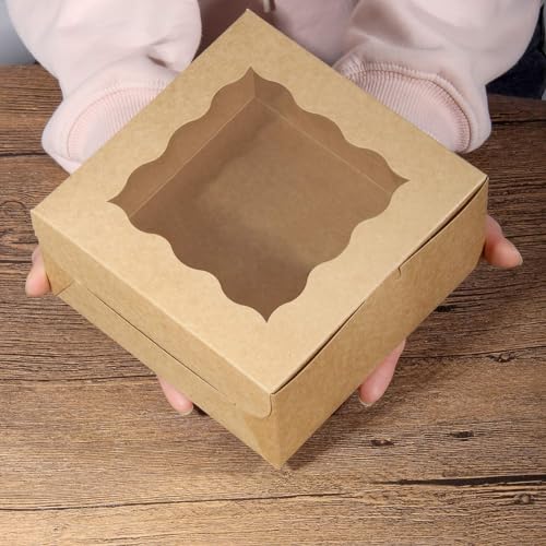 HawHawToys 60 pcs Bakery Boxes with Window, 6 x 6 x 3 inches, Kraft Cookie Boxes Pastry Boxes for Baked Goods (Brown)