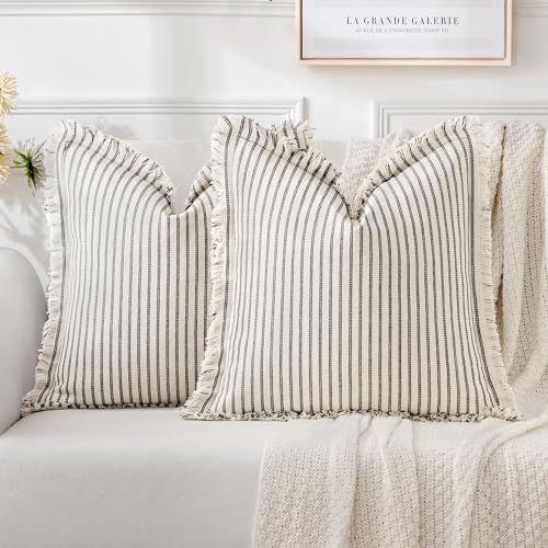 MIULEE Gray Pack of 2 Pillow Covers 18x18 Inch Striped Farmhouse Couch Throw Pillow Covers with Fringe Chic Linen Decorati...