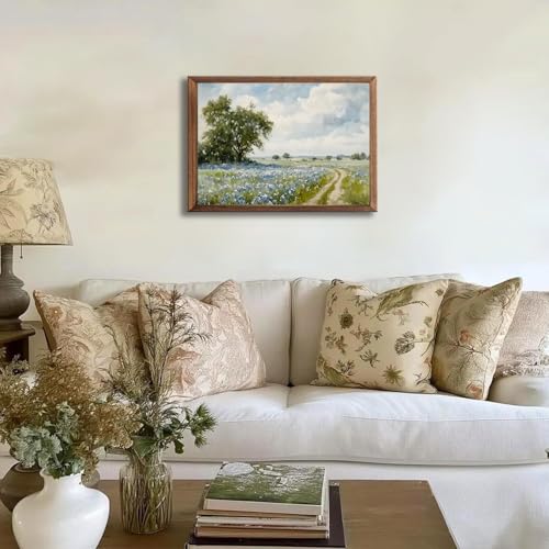 Nature Vintage Preppy Blue Wildflower Pathway Wall Art Prints Landscape Oil Painting Style Gift Posters Canvas Field Tree ...