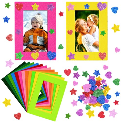 Jetec 24 Pieces Colorful Felt Photo Frames Holiday Picture Frames and 50 Pieces Colorful Glitter Foam Stickers for Home an...