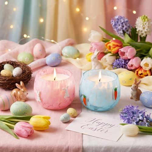 Treela Set of 2 Decorative Spring Easter Candles, 7oz Bunny & Carrot Soy Wax Icon Glass Jar Candles, Spring Home Table Cen...