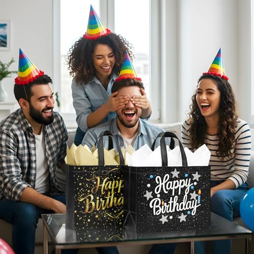 STYPOP 2 Pack 13" Large Birthday Gift Bags with Tissue Paper & Cards, Reusable Non-Woven Happy Birthday Bags with Handles,...