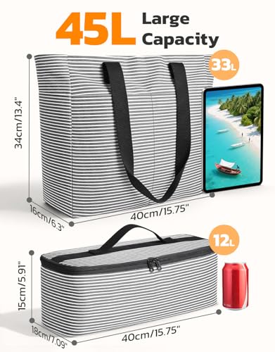 ISEYOU Beach Bag and Cooler Bag Set, 45L Waterproof XXL Foldable Tote with Zipper, 8 Pockets for Pool, Picnic, Travel