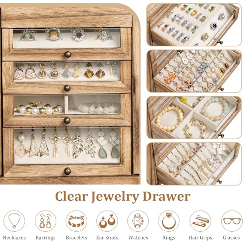 Bellaownia Large Jewelry Box & Organizer for Women, Wooden Jewelry Storage with 4 Transparent Drawers, Holds Necklaces, Ri...