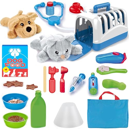 34-Piece Kids Pretend Vet Playset, Veterinarian Role Play Doctor Toy Kit with Plush Dog & Cat, Pet Care Grooming Set with ...