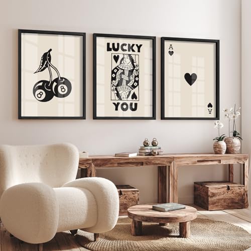 Heiple Framed Set of 3 Poker Wall Art Lucky You Poster, Trendy Retro Print Wall Decor for Queen of Hearts Wall Art Rustic ...