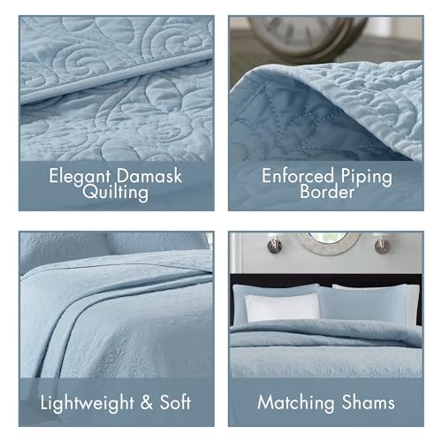 Madison Park Quebec Quilt Set - Luxurious Damask Stitching Design, Cotton Filled Lightweight Coverlet Bedspread Bedding, S...