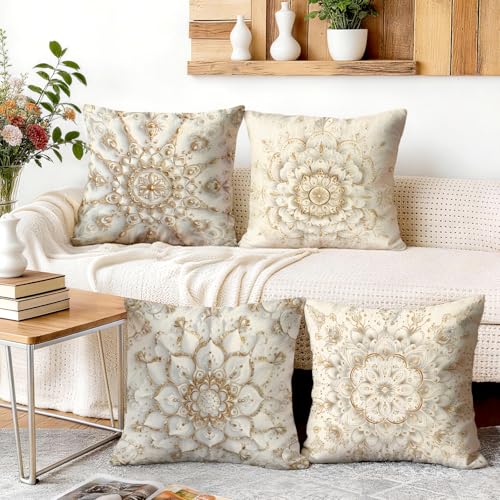 OBSEDE Golden Mandala Decorative Throw Pillow Covers 18x18 Set of 4, White and Gold Boho Cushion Case for Sofa Couch
