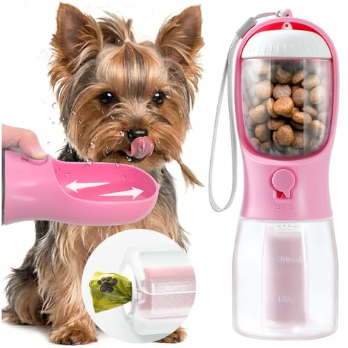 Portable Water Bottle for Small Dogs, 3 in 1 Animal Pet Travel Bowl Dispenser with Food Treat Container & Poop Bag Holder,...