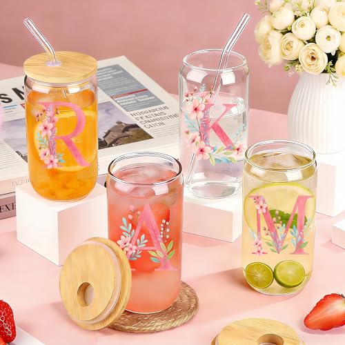 YSDZDM Personalized Initial Gifts Set For Women Customized Monogrammed Glass Cups with Bamboo Lids and Straws Cute Floral ...