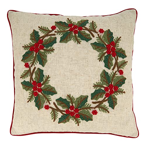 SARO LIFESTYLE Collection Holly Wreath Pillow Cover, 18", Multi