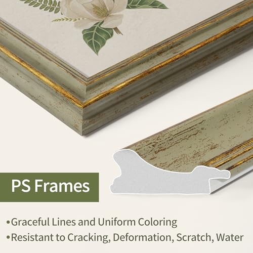 Sapowerntus Vintage 5x7 Picture Frame Gold Line Sage Green Distressed Photo Frames Set Antique Real Glass Wall Hanging Tab...