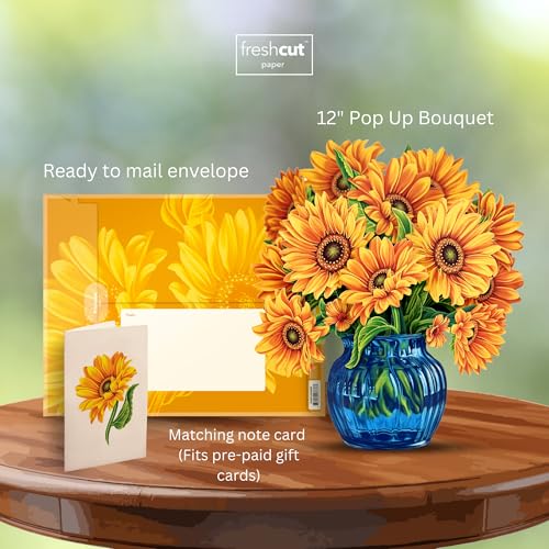 Freshcut Paper Pop Up Cards, Sunflowers, 12 Inch Life Sized Forever Flower Bouquet 3D Popup Greeting Card, Birthday Cards,...