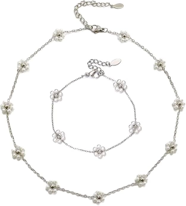 A-yeite Pearl Daisy Flower Necklace and Bracelet Jewelry Set, 2 Piece, Bohemian Gold plated, Wedding Birthday Prom Accesso...