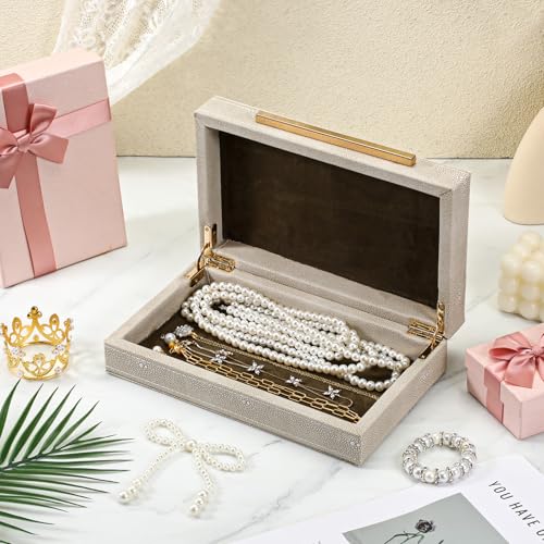 AOZUO Ivory Shagreen Decorative Box Faux Leather Keepsake Case Memory Storage Boxes with Gold Metal Handle Home Jewelry Or...