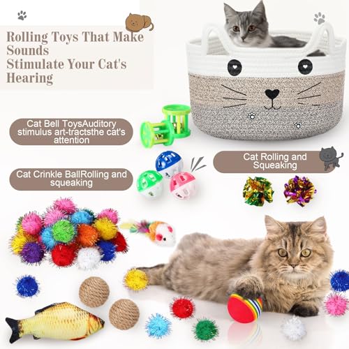 Zopeal 76 Pcs Easter Cat Storage Basket Gift Toys Set Interactive Cat Toys Kitten Wand Colorful Flashing Balls Pet Crinkle...