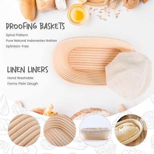 DOYOLLA Bread Proofing Baskets Set of 2 10 inch Oval Shaped Dough Proofing Bowls w/Liners Perfect for Professional & Home ...