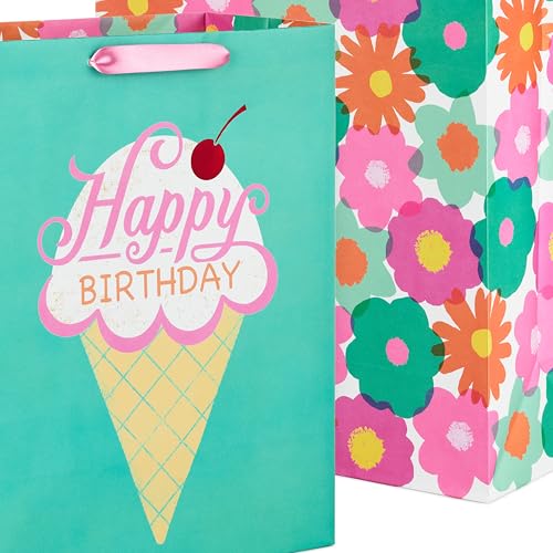 Hallmark Modern Flowers and Ice Cream Birthday Gift Bag Set (2 Bags: 13" Large and 15" Extra Large) for Kids, Teens, Friends