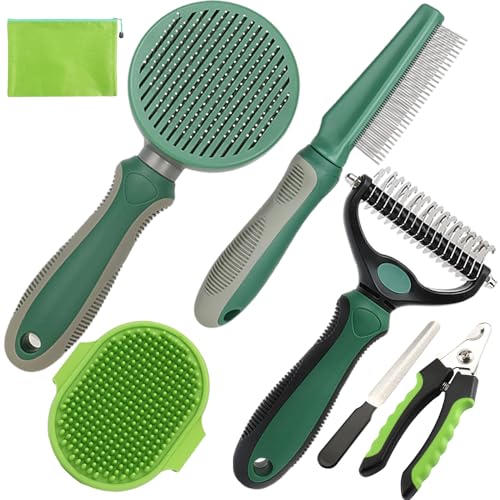 KUEIOX Pet Grooming Kit - 7 PCS Green Deshedding Brush Set with Undercoat Rake, Slicker Brush, Bath Brush & Nail Clipper f...