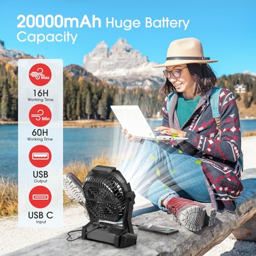 ONLYNEW Portable Fan Rechargeable, 20000mAh Cordless Battery Powered Fan with LED Lantern, USB C Battery Operated for Camp...