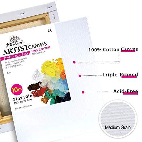 PHOENIX Stretched Canvas for Painting 8x10 Inch/10 Value Pack, 8 Oz Triple Primed 5/8 Inch Profile 100% Cotton White Blank...