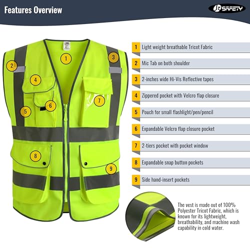 JKSafety 9 Pockets Class 2 High Visibility Zipper Front Safety Vest With Reflective Strips,Meets ANSI/ISEA Standard (Larg...