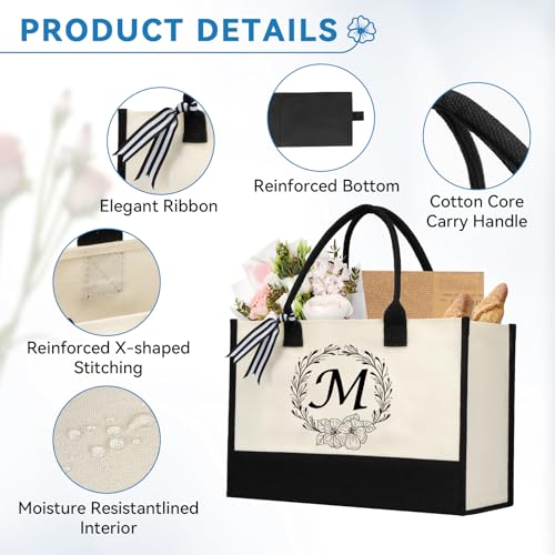 Miokok Personalized Initial Canvas Tote Bag, Beach Bags for Women Birthday Gifts, Wedding Gift for Mom Teachers Friends Nurse