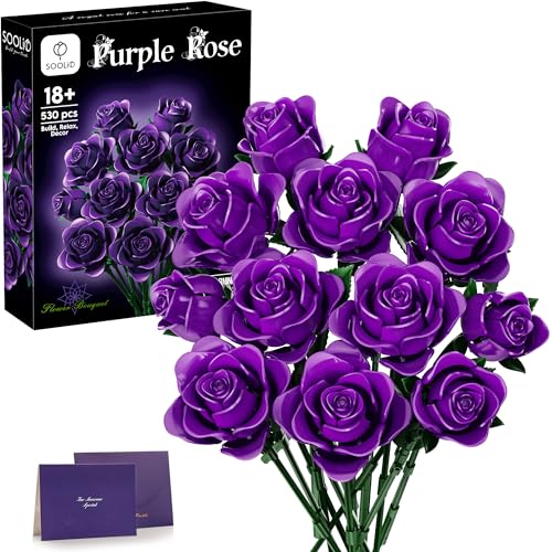 SOOLIO Mothers Day Rose Flower Bouquet Building Set for Adults, Gift for Mom Wife Women Couple Girlfriend, Buildable Purpl...