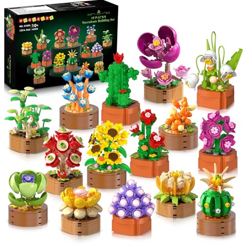 HOGOKIDS 15 Pack Flowers Succulents Mini Building Set for Adults Kids - Gift for Mothers Day, Flower Plant Botanical Colle...