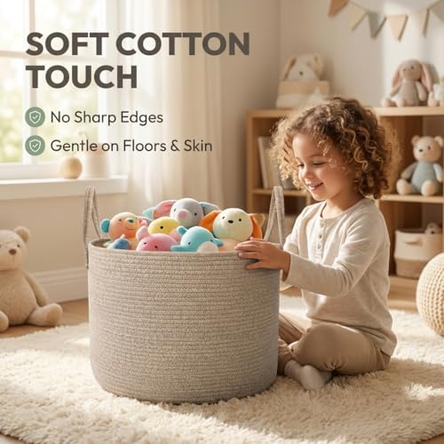 JMvicyroam 65L Extra Large Blanket Basket for Living Room - Woven Cotton Rope Laundry Hamper with Reinforced Handles - Sto...