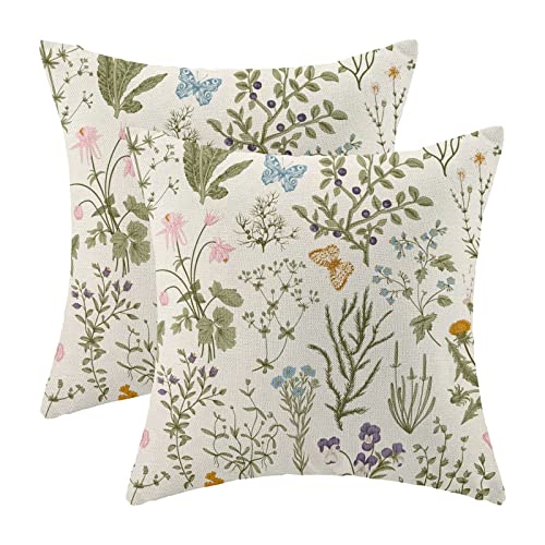 AEIOAE Spring Pillow Covers 20x20 Inch Set of 2,Sage Green Wild Flower Plant Throw Pillows Case,Seasonal Floral Outdoor De...