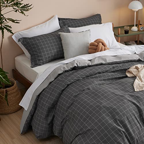 Bedsure Duvet Cover King Size - Reversible Plaid Duvet Cover Set with Zipper Closure, 3 Pieces Dark Grey Bedding Set with ...