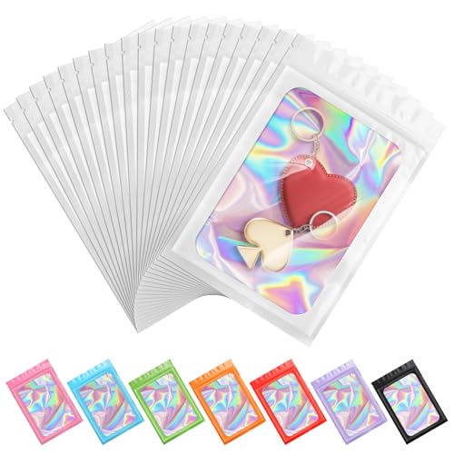ANZNKU 100 Pack Holographic Bags, Smell Proof Packaging Bag, Clear Window Resealable Goodie Pouch Mylar Bags for Food Stor...
