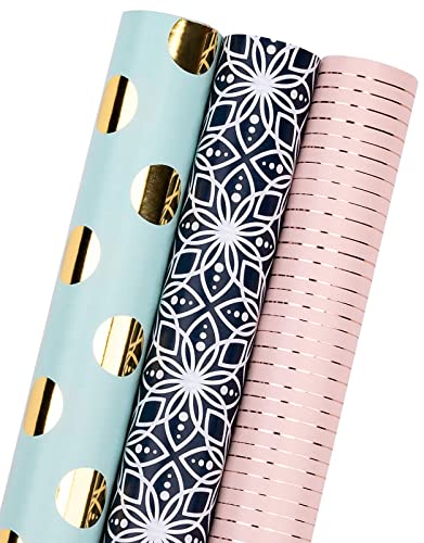 MAYPLUSS Wrapping Paper Set - Mini Roll with Bow & Ribbon & Gift Tags & Stickers - 17 inch X 120 inch Per roll - Pink Gold...