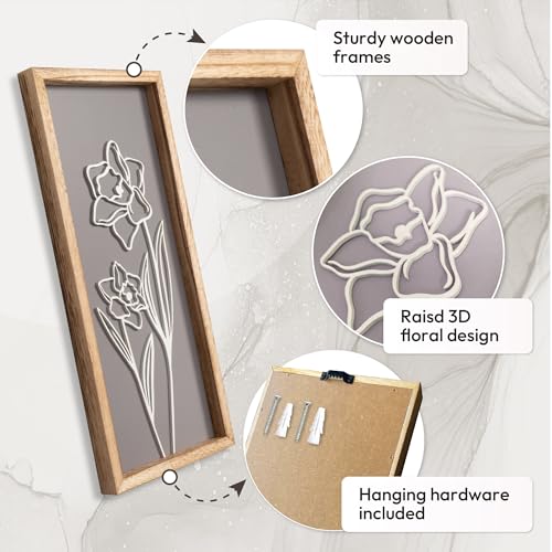 3D Wooden Floral Bathroom Wall Decor (Set of 4) Lightweight, Ready-to-Hang Framed Wall Art For Living Room, Bedroom, or Of...