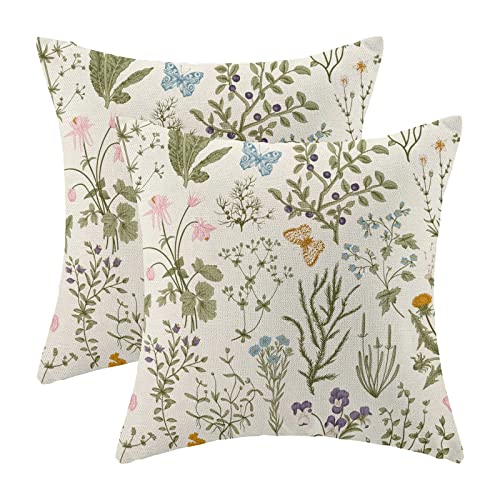 AEIOAE Spring Pillow Covers 18x18 Inch Set of 2,Sage Green Wild Flower Plant Throw Pillows Case,Seasonal Floral Outdoor De...