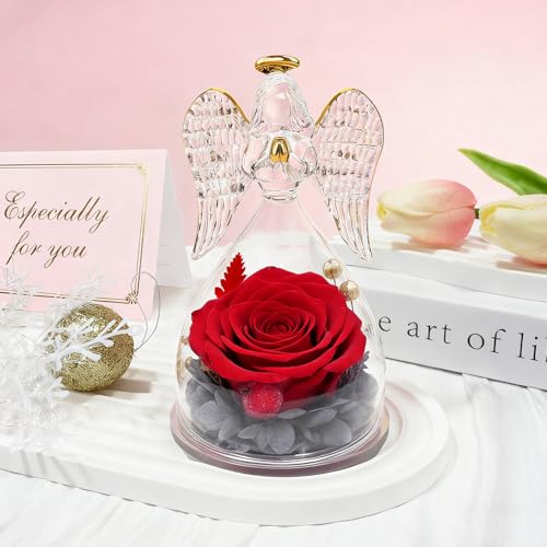 Sunia Gifts for Mom Birthday Gifts for Women, Mothers Day Preserved Real Roses in Glass Angel Figurine Forever Flowers for...