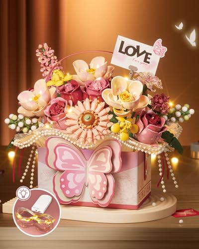 LUOGFYNI Mini Portable Block Flower Set, Pink Rose Creative Eternal Flower Gifts Box with Romantic Light, Home Decor or Bi...