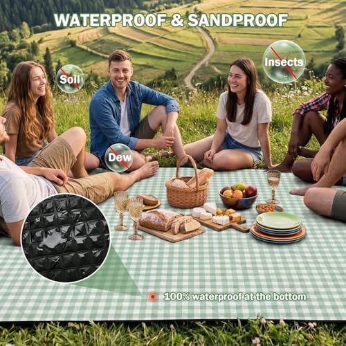 Extral Large Outdoor Waterproof Picnic Blanket With Shoulder Strap, 80"X80" 3-Layer Windproof Foldable Picnic Mat with Cor...