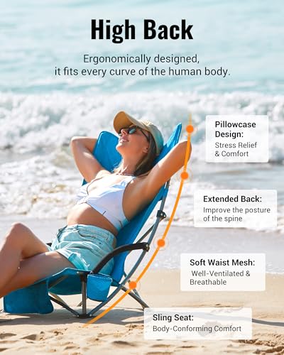 KingCamp Low Beach Chair, High Back Folding Camping Chair for Adults, Oversized Breathable Mesh Seat, 300lbs Heavy Duty Po...