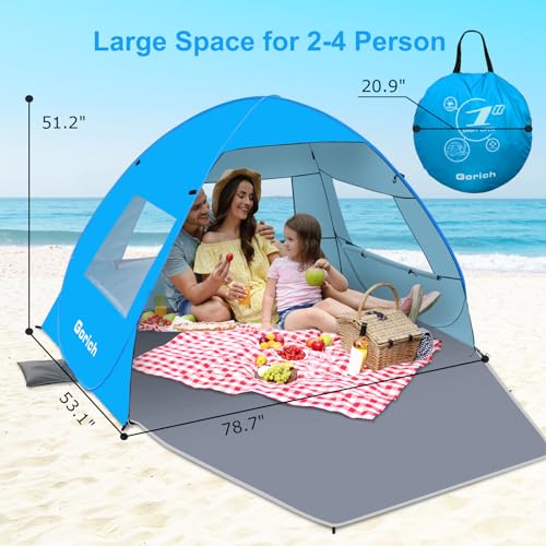Gorich Easy Pop Up Beach Tent for 3-4 Person, UPF 50+ UV Protection Beach Umbrella Sun Shelter, Portable Lightweight Shade...