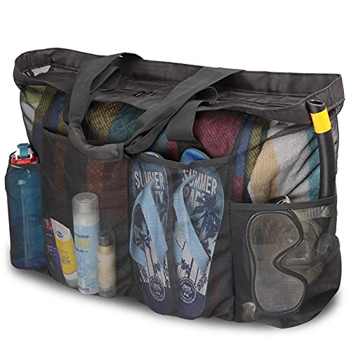 GOTDYA Extra Large Beach Bag Mesh Tote with Zipper and Pockets Ideal for Your Family Cruise/Beach Vacation Essentials | Ex...