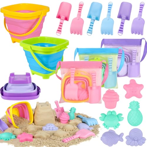 Collapsible Beach Toys for Kids, 3 Pack Foldable Sand Buckets and Shovels Set with Mesh Bag, Silicone Pails Shovels Molds,...