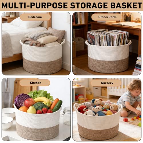 HZFTJOY Large Woven Blanket Basket,65L Cotton Rope Laundry Basket Hamper with Handles, Decorative Nursery Basket Storage B...