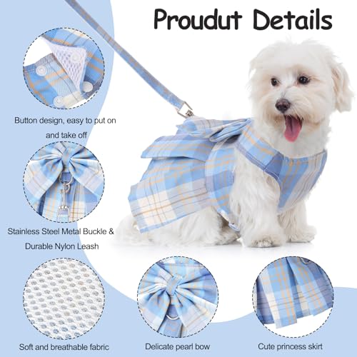 Potchen 4 Pcs Cute Plaid Dog Dress Set with Bow Tie Harness & Leash for Small Dogs, Puppy Clothes for Girls Outfits(S,Ligh...
