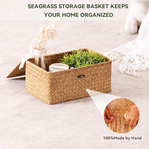 Nonam Storage Basket with Lid, Natural Seagrass Bin with Lid Set of 3, Shelf Baskets Multipurpose Container for Boho Decor...