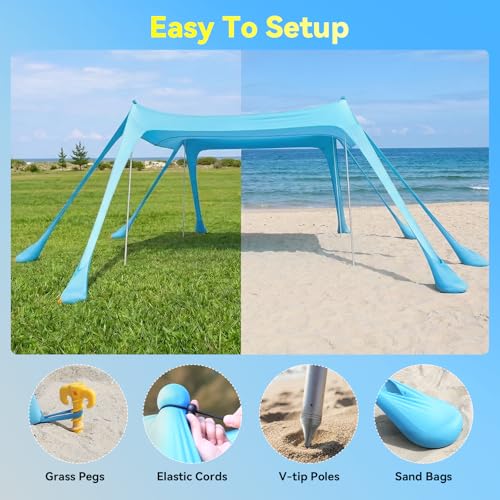 Purebox Beach Tent Sun Shelter - 10x10FT Beach Shade Canopy UPF50+ Protection Easy Setup, with 8 Sandbags, 4 Stability Pol...