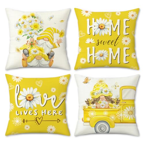 Bonhause Gnomes Daisy Floral Throw Pillow Covers 18x18 Inch Set of 4 Spring Summer Flowers Truck Love Lives Here Yellow Ou...
