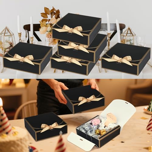 WLUSEAXI 10Pack Small Gift Boxes, 6.5''x6.5''x2'' Black Gift Boxes with Ribbon, Small Boxes for Gifts Birthday Wedding Par...
